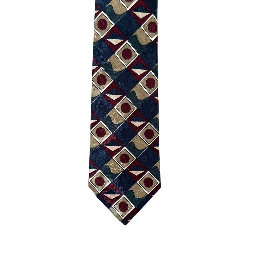 VTG 90s Duke Necktie Geometric Abstract‎ Navy Burgundy Gold USA Made Retro Tie